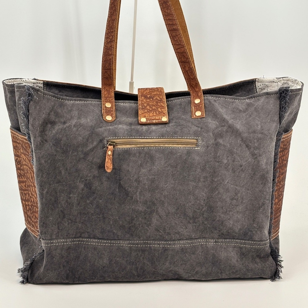 Myra Asher Weekender Bag Womens Large Brown Cowhide Leather Canvas S-6780 NWT - Picture 3 of 14